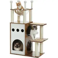 OEM Kletterbaum für große Katzen - 2 Ebenen - inkl. Krabbelplatz - Stabiles Design - Donkerbraun/Weiß