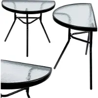 Markenlos Praktischer Gartentisch 70 x 64 x 40 cm – Halbrunder Balkontisch für Balkon, Terrasse, Garten und Camping – Kompakter Tisch mit Glasplatte und Metallrahmen in Schwarz