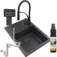 Granitan | Spülbecken Granit - Schwarz - 62x44x17,5 cm - Granitspüle ARGOS + Siphon Schwarz + Küchenarmatur NEXO + Impregnat