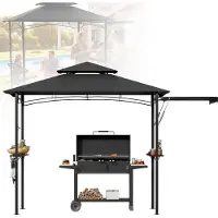 LZQ Grillpavillon mit Seitenmarkise, Doppeldach, Seitenregalen, Metallkorb, Haken und Flaschenöffner, Grillüberdachungen wetterfest, Grillunterstand für Garten, 244 x 153 x 250 cm, Grau