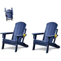 Markenlos Klappbarer Adirondack-Stuhl im 2er-Set, Kunststoffstuhl mit Getränkehalter, wetterfester Gartenstuhl für den Außenbereich, Relaxsessel für Garten und Terrasse, Navyblau
