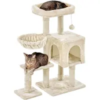 Markenlos Katzenbaum 96 cm hoch mit Sisal, Plüsch Katzenhöhle und Korb, Beige