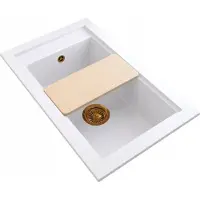 Granitan - Granitspüle - Küchenspüle - 69x43 cm - Weiß - mit Siphon Gold und Schneidebrett - Spülbecken