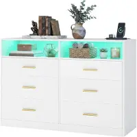 Vasagle Kommode mit LED-Beleuchtung und Ladestation, 6 Schubladen, modern, Schlafzimmer Wohnzimmer, weiß