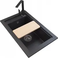 Granitan - Granitspüle - Küchenspüle - 69x43 cm - Schwarz - mit Siphon und Schneidebrett - Spülbecken