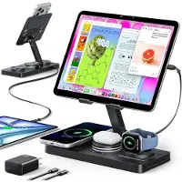 Welikera 4-in-1 Ladestation für Apple Metall Schwarz – Magnetisches Induktionsladegerät mit einziehbarem Kabel | Für iPhone iPad Watch AirPods