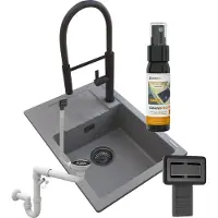 Granitan - Granitspüle - Küchenspüle - 62x44x18 cm - Grau - mit Armatur FULL und Siphon Schwarz und Imprägnierung