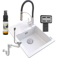 Granitan | Spülbecken Granit - Weiß - 62x44x17,5 cm - ARGOS + Siphon + Küchenarmatur NEXO + Impregnat