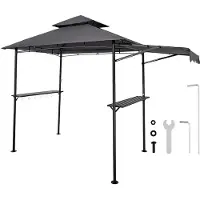SucceBuy Grillpavillon, 2430x1500x500mm, Überdachung für Außengrill, 2-stufige BBQ-Gazebo-Abdeckung, Doppeldach Gartenpavillon mit zusätzlicher Markise, geeignet für Terrasse, Hof und Garten