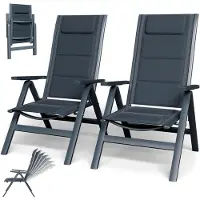 Markenlos Gartenstuhl mit hoher Rückenlehne, 4er Set klappbare Campingstühle aus Aluminium mit Kopfkissen und Abdeckung, 7-fach verstellbare Rückenlehne, wasserfest und rutschfest, hellgrau