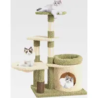 Markenlos Kratzbaum Klein, Katzenbaum mit Plattformen, Katzenhöhle & Hängematte & Fellpflege, Katzenkratzbaum Holz und Plüsch, Katzen Katzenmöbel Kletterbaum, Aktivitätsbaum Spielbaum, Grün