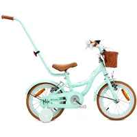 Sun baby Mädchenfahrrad 14 Zoll mit Glocke Zusatzrädern und Schubstange Kinderfahrrad für Mädchen 3 4 5 Jahre Lernfahrrad Laufrad Retro Design Flower Bike Stützräder Korb mint