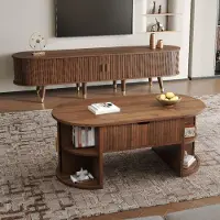Merax Wohnzimmerset 2-teilig mit TV Schrank und Couchtisch, Wohnzimmermöbel mit Hubplatte und Schiebetüren, Lowboard mit Stauraum aus MDF, Nussbaum