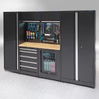 Datona Werkstatteinrichtung PREMIUM Eichenplatte mit Kühlschrank – 285cm breit