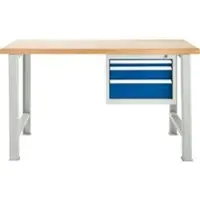 Schäfer Shop Modulare Werkbank , Grundeinheit, Buche Multiplexplatte, bis 500 kg, B 1500 x T 700 x H 840 mm, Hellsilber/Enzianblau ral 5010