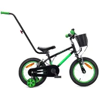 Sun baby Kinderfahrrad 14 Zoll für Jungen 3 4 5 Jahre 7,49 kg Schiebestange Stützräder Korb Klingel V-Bremse Aufkleber LOVEL schwarz grün