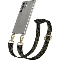 EAZY CASE Handykette - Verstellbarer Trageriemen kompatibel mit Samsung Galaxy S24 Ultra, Handykordel mit transparenter Silikon-Hülle, Karabiner Gold, Camouflage Style, Band in Grün