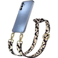 EAZY CASE Handykette - Verstellbarer Trageriemen kompatibel mit Samsung Galaxy A15, Handykordel mit transparenter Silikon-Hülle, Karabiner Gold, Camouflage Style, Band in Natur