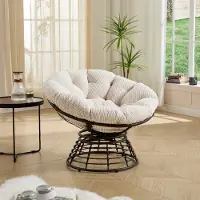 SUCCESS COURIER Papasan-Korbstuhl (360° schwenkbar, Cord-Polsterung) – für Wohn-/Schlaf-/Lesezimmer – braunes Gestell, weiße Polsterung