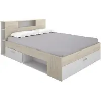 Vente-unique Bett mit Kopfteil, Stauraum & Schubladen - 180 x 200 cm - Holzfarben & Weiß - LEANDRE