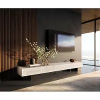 DELIFE Lowboard Cuor 250 cm Keramik Laminam Travertino Bianco Creme-Weiß 1 Klappe 1 Schubfach Fuß Schwebeoptik Metall Schwarz