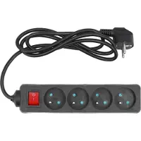 VOREL EXTENSION CABLE EARTHED 4 - SOCKETS 1.5m BLACK, SWITCH 72630