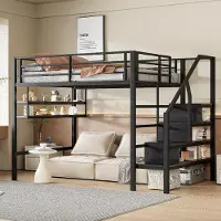 SUCCESS COURIER Hochbett 140x200 cm mit Stauraumleiter Metallbett Kinderbett mit Regal Stauraum Sicherheitsgeländer wackelfrei ohne Matratze Schwarz