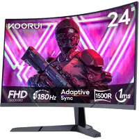 Koorui 24 Zoll curved Gaming-Monitor FHD 1080P 180Hz, 1ms, 1500R Krümmung, ultradünnes Design, HDMI/DP, 100x100mm VESA-Montage