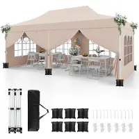 Costway Pavillon 3x6m, Faltpavillon mit 6 abnehmbaren Seitenwänden, Sandsäcke & Tragetasche, Gartenpavillon Partyzelt Winterfest UV-Schutz 50+ Beige