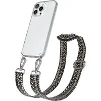 EAZY CASE Apple iPhone 16 Pro Max Chain Eyelets Slim Neck Strap Set Zig Zag dark Gray - Black 15 Metall Silver