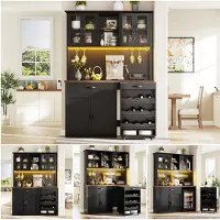 OKWISH Küchenschrank Aufbewahrungsschrank mit Rollwagen und LED Beleuchtung Highboard mit USB Anschluss und Weinglasregal Pantryschrank mit Schubladen Schwarz