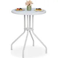 Relaxdays Gartentisch, H x D: 73 x 60 cm, Rattanoptik, Kunststoff & Stahl, Outdoor Esstisch, runder Balkontisch, weiß