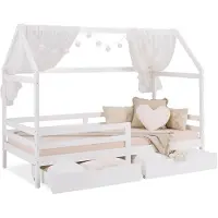 Homestyle4u Kinderbett 90x200 mit Rausfallschutz Hausbett Weiß Bodenbett Bettkasten mit Lattenrost