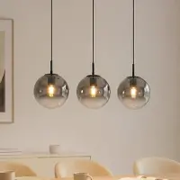 LUCANDE Veloura Hängeleuchte, 3-flammig, 84 cm, Glas, Holz - , Veloura, dimmbar, Grau, für Wohnzimmer, Glas, Design