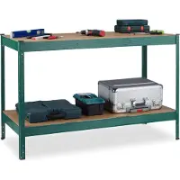 Relaxdays Werkbank, 600 kg, HxBxT: 91 x 141 x 61 cm, 2 verstellbare Ebenen, Werktisch, Stahl & MDF, Werkstattregal, grün
