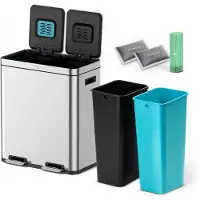 Deleca FreshAura Mülleimer (60l) - Recycling Mülltrennsystem küche mit 2 Fächern - Duo Soft Close Mülltrennung / Tretmülleimer - Edelstahl Silber
