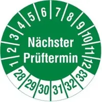 Böttcher-AG Prüfplaketten Nächster Prüftermin, 2028-2033, grün, Ø 20 mm, 1.000 Stück