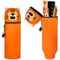 Markenlos 2-in-1 Silikon-Federmäppchen, Uni-Federmäppchen mit niedlichem Tigermotiv für Mädchen und Jungen, Standmodell, großer Stifthalter, weiche Silikontasche für Kinder