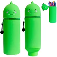 Markenlos Grünes Dinosaurier-Federmäppchen aus weichem Silikon, 2-in-1-Stiftehalter mit Reißverschluss, wasserdichtes Federmäppchen für die Schule (maximale Höhe 23 cm)