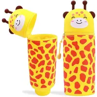 Markenlos 2-in-1 Weiches Silikon-Federmäppchen im Kawaii-Stil, Federmäppchen für Buntstifte und Filzstifte, Cartoon-Federmäppchen, Niedliche Schulsachen für Mädchen und Jungen, Gerade (Giraffe)