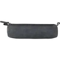 Markenlos Vintage-Federmäppchen aus Leder mit 2 Fächern, rund, groß, für Damen und Herren, aus echtem Leder, Farbe: Carbongrau