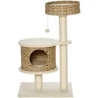SUGIFT Kratzbaum 95 cm Katzenturm mit Höhle, Spielball, Sisalstämme, große Plattform, mehrstöckiger Katzenkratzbaum aus Spanplatte und PE-Rattan, Kletterbaum für Katzen unter 5 kg, Natur+Beige