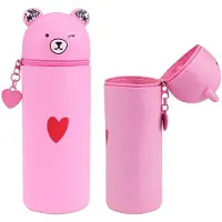 Markenlos Federmäppchen, 2-in-1 weiches Silikon-Federmäppchen mit Ständer, Stifthalter mit Cartoon-Aufdruck für Mädchen und Teenager (rosa)