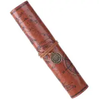 Markenlos Vintage-Federmäppchen aus Leder im Piratenstil mit Schatzkartenmotiv – Retro-Federmäppchen aus Leder und aufrollbarer Stiftehalter