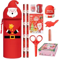 Markenlos 2-in-1 Silikon-Federmäppchen, Weihnachts-Schreibset – Kawaii-Federmäppchen, niedliche Schulsachen (Weihnachtsmann + 7-teiliges Stifteset + Notizbuch)