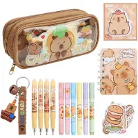 Markenlos Federmäppchen mit Capybara-Motiv und Zubehör, Schreinset, Kawaii-Motiv, Capybara-Anhänger, Stifte, Sticker, Haftnotizen