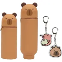 Markenlos 2-in-1 weiches Silikon-Federmäppchen, tierförmiger Stifthalter mit Schlüsselanhänger, Cartoon-Federmäppchen für Mädchen und Jungen (Capybara)