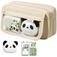 Markenlos Federmäppchen mit Panda-Motiv, niedliches Federmäppchen, große Schreibtasche, Federmäppchen mit Panda-Motiv, Schreiborganizer mit Haftnotizen, Brosche, 3-teilig