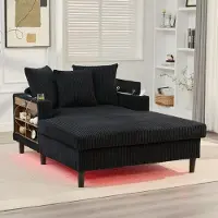 MODFU Liegesessel Loungesofa mit LED-Beleuchtung und USB-Ladeport Schlafsofa mit Stauraum und Seitentasche Multifunktionaler 1-Sitzer-Sofa mit großer Liegefläche Schwarz