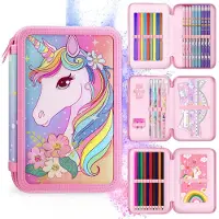 Markenlos 39-teiliges Federmäppchen-Set mit Einhornmotiv, 3 Fächer, ideal als Geschenk zum Schulstart, Doppelreißverschluss, Schulbedarf, für Mädchen, Wasserrosa